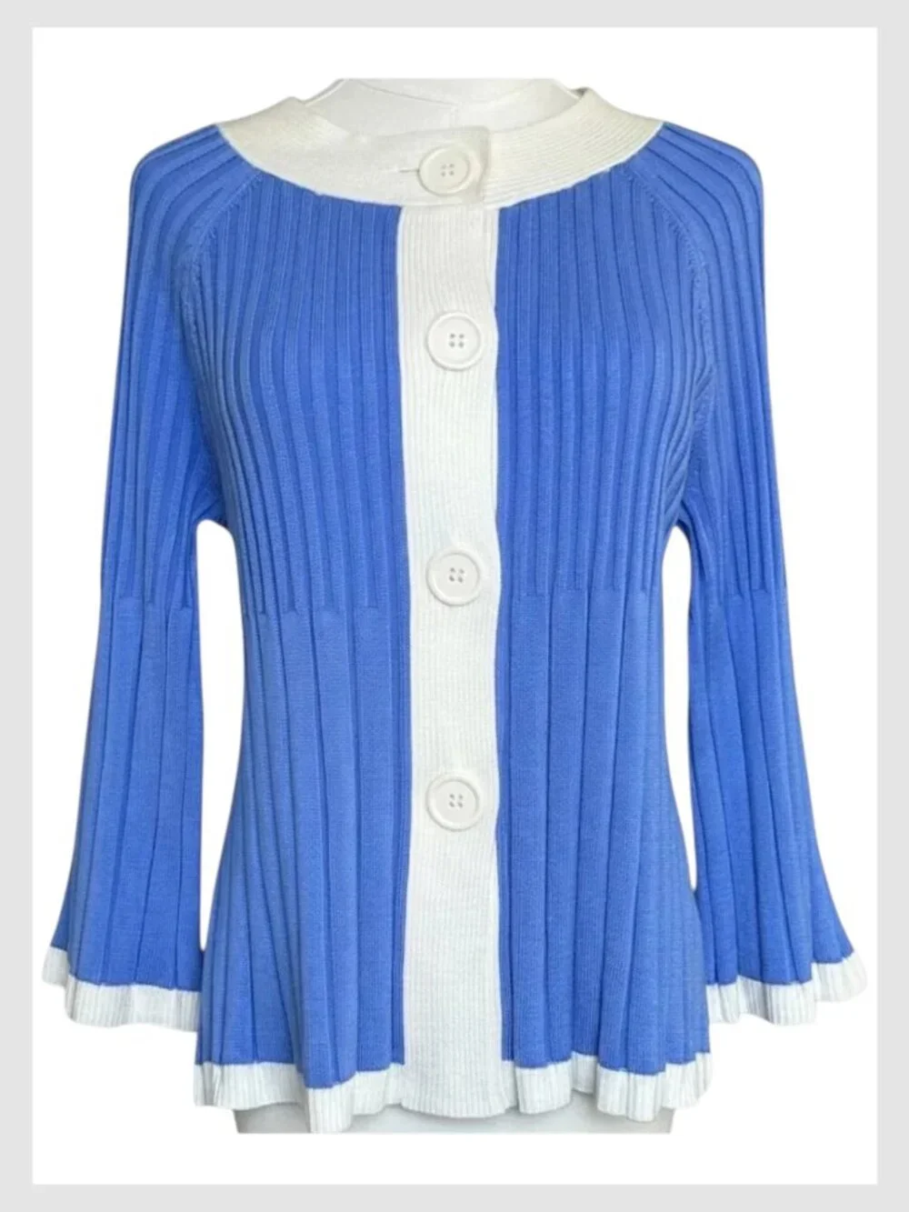 Covington Ribbed Button Sweater Blue White Contrast Trim M